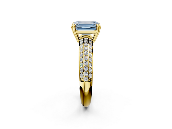 Yellow gold Fancy Blue Emerald  Cut Pave Diamond Engagement Ring with Channel Set Band and Four-Prong Setting