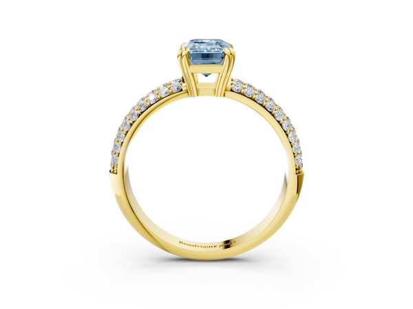 Yellow gold Fancy Blue Emerald  Cut Pave Diamond Engagement Ring with Channel Set Band and Four-Prong Setting