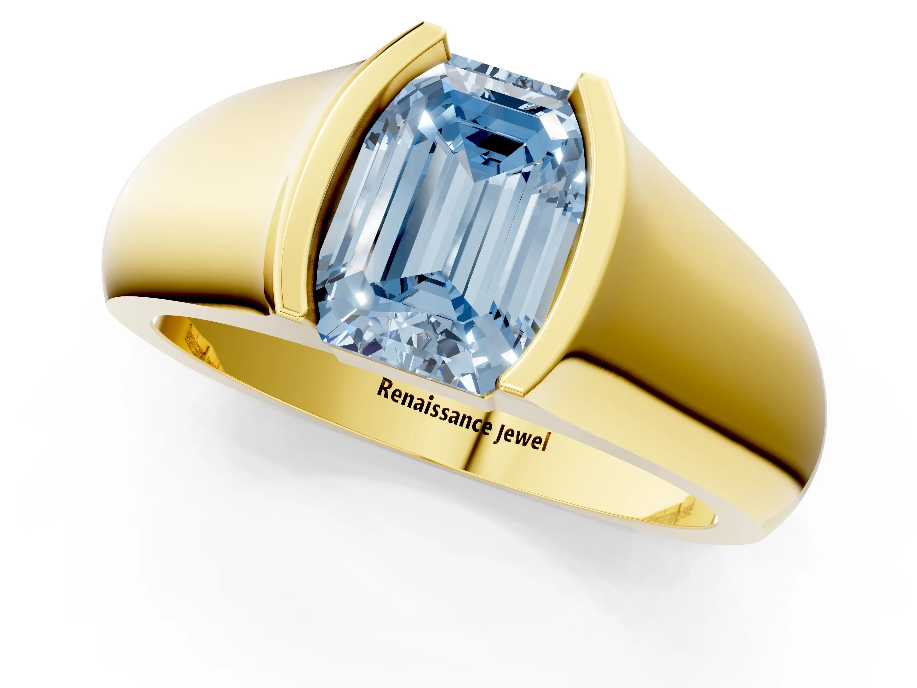 Yellow gold Fancy Blue Emerald Cut Solitaire Bezel Set Diamond Ring with Wide Band_1