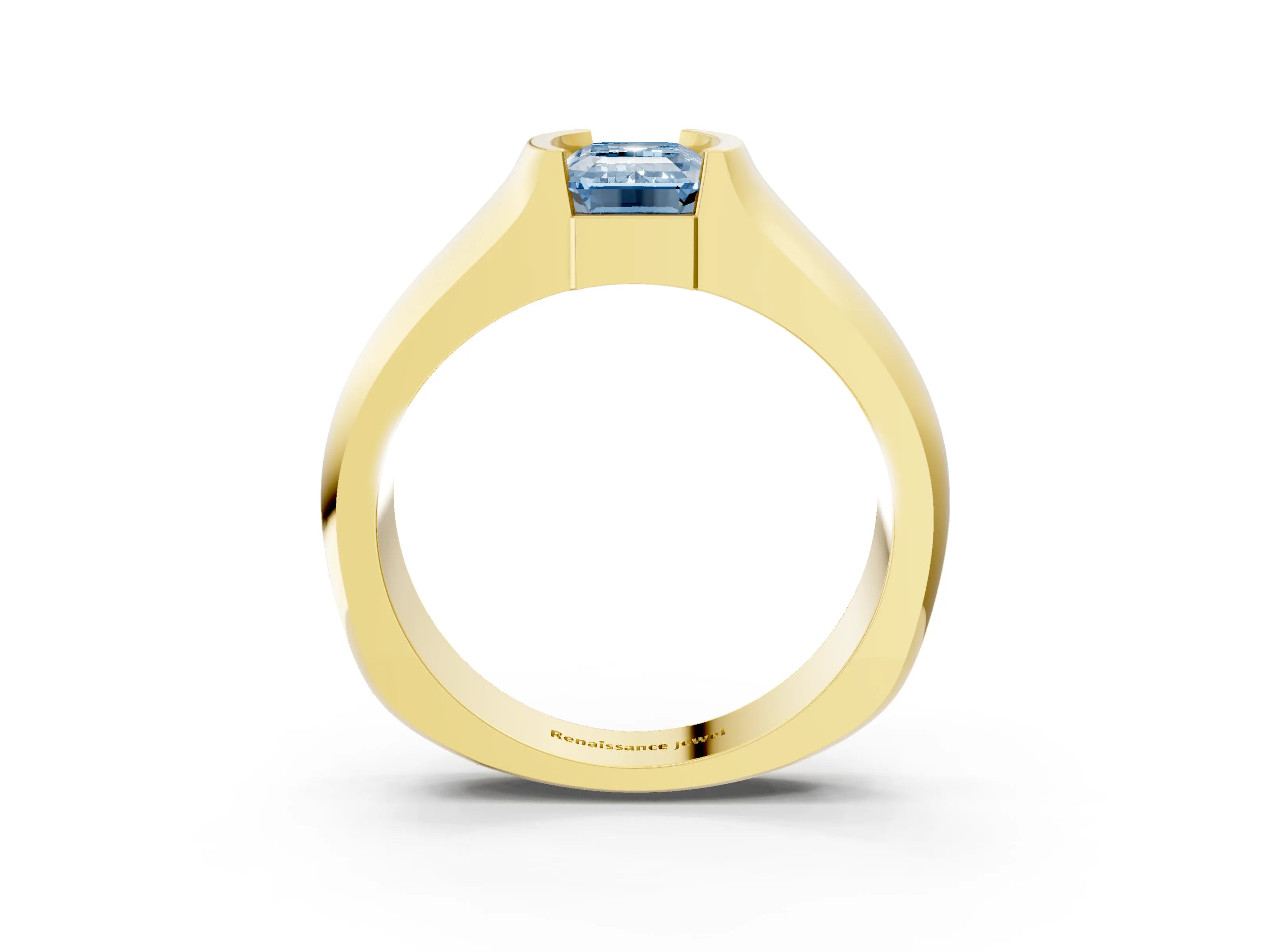 Yellow gold Fancy Blue Emerald Cut Solitaire Bezel Set Diamond Ring with Wide Band_3