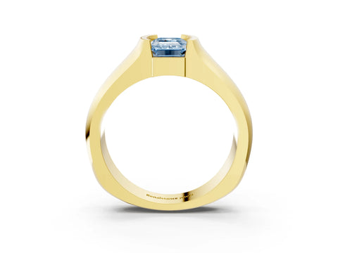 Yellow gold Fancy Blue Emerald Cut Solitaire Bezel Set Diamond Ring with Wide Band_3