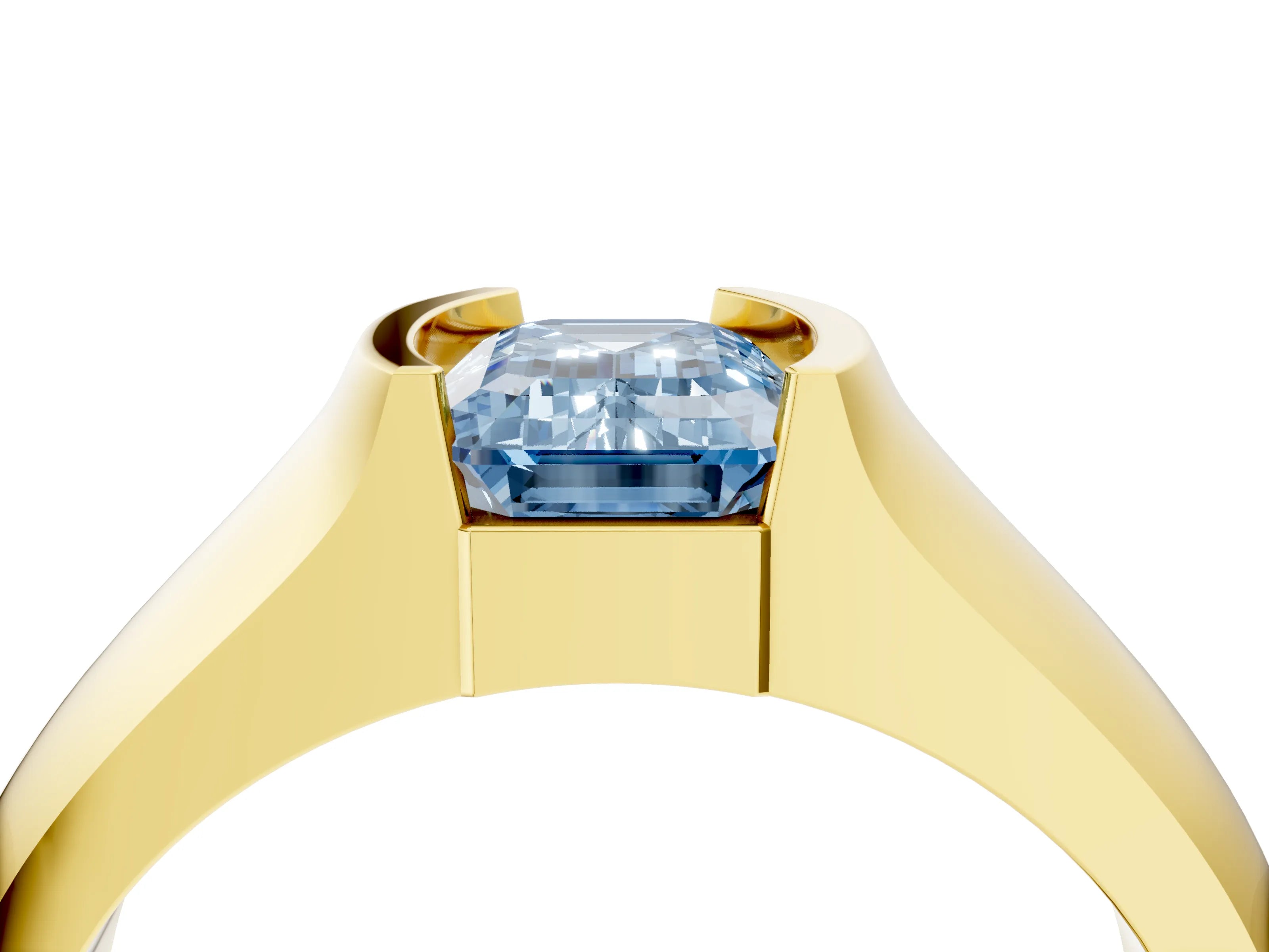 Yellow gold Fancy Blue Emerald Cut Solitaire Bezel Set Diamond Ring with Wide Band_4