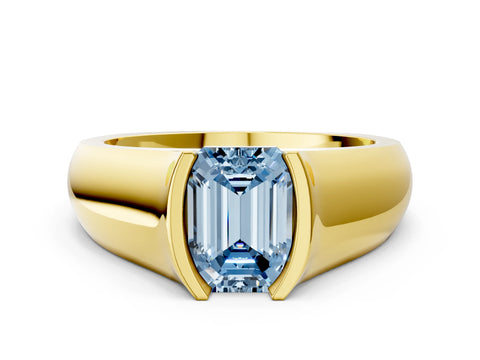 Yellow gold Fancy Blue Emerald Cut Solitaire Bezel Set Diamond Ring with Wide Band