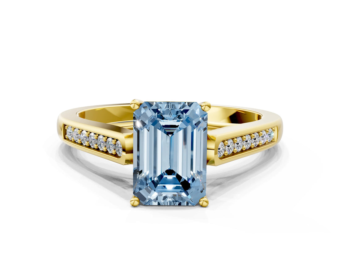 Yellow gold Fancy Blue Emerald Cut Solitaire Cathedral Diamond Engagement Ring with Channel-Set Band and Four-Prong Setting_3