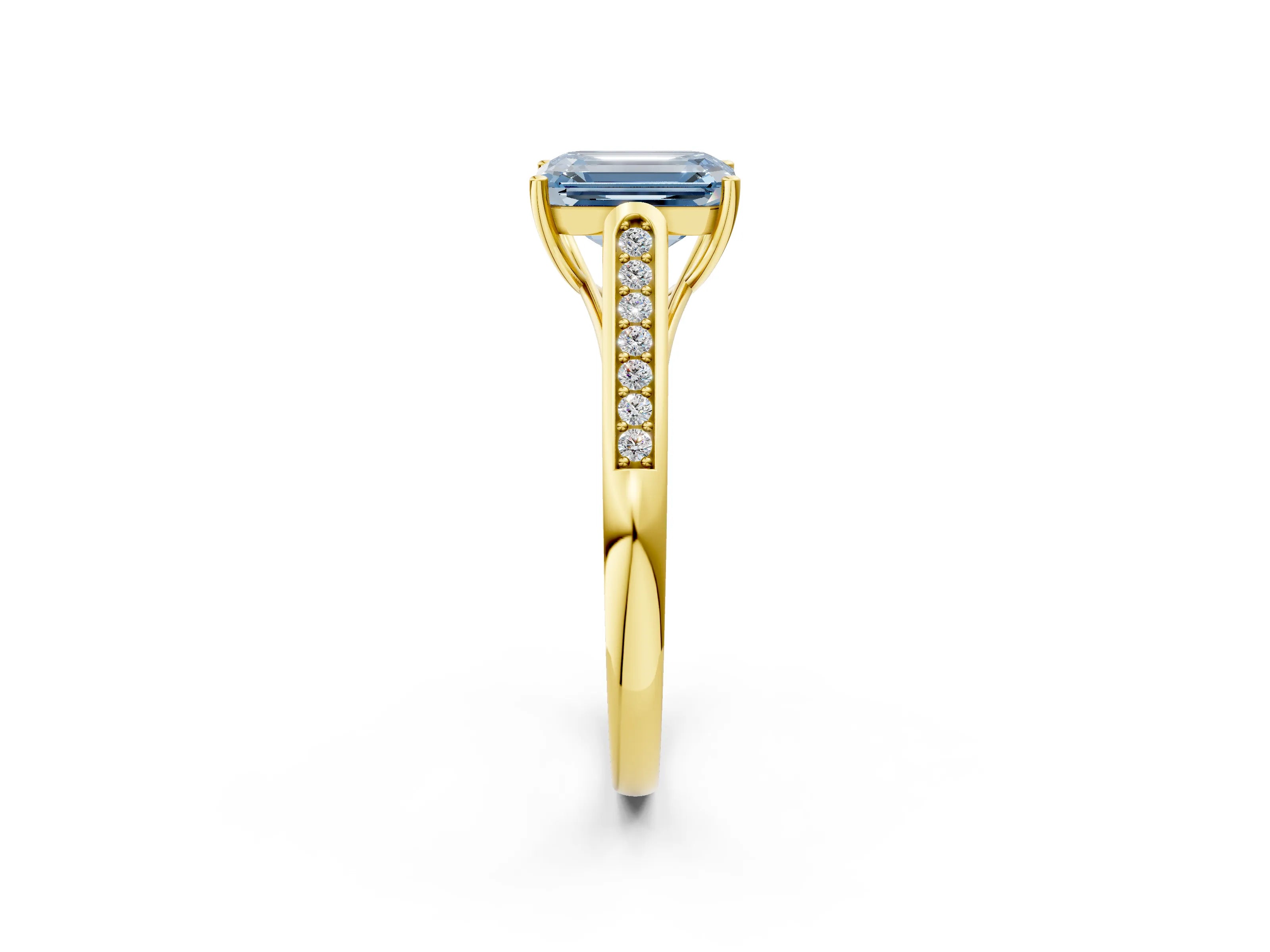 Yellow gold Fancy Blue Emerald Cut Solitaire Cathedral Diamond Engagement Ring with Channel-Set Band and Four-Prong Setting_5