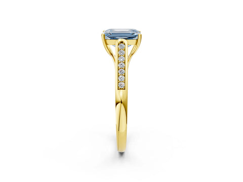 Yellow gold Fancy Blue Emerald Cut Solitaire Cathedral Diamond Engagement Ring with Channel-Set Band and Four-Prong Setting_5