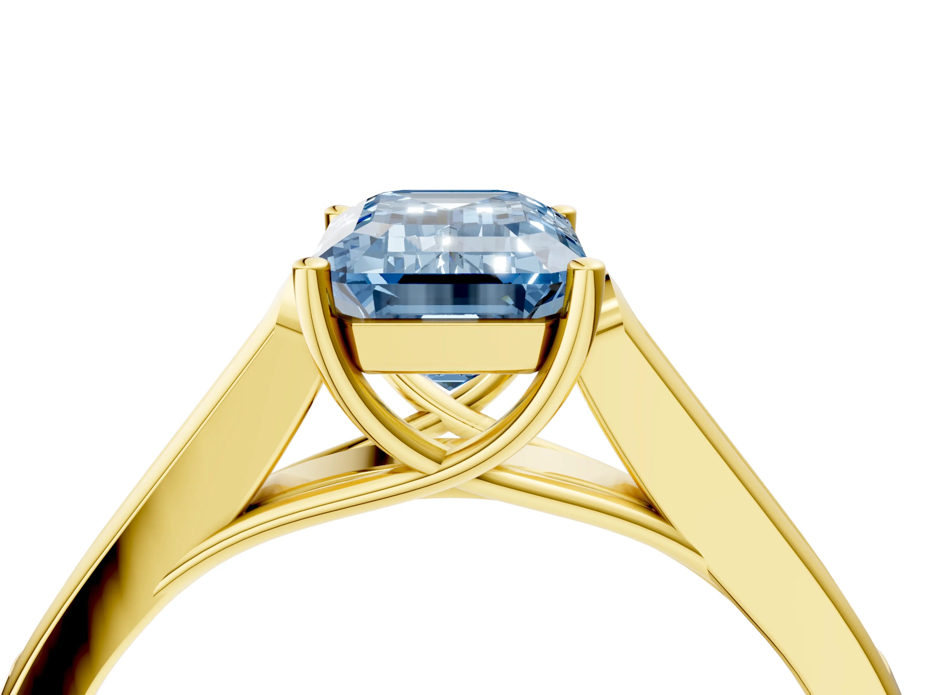 Yellow gold Fancy Blue Emerald Cut Solitaire Cathedral Diamond Engagement Ring with Channel-Set Band and Four-Prong Setting_7