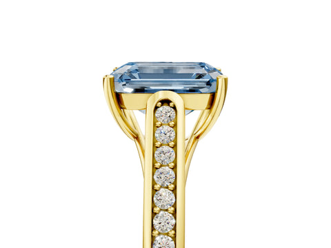 Yellow gold Fancy Blue Emerald Cut Solitaire Cathedral Diamond Engagement Ring with Channel-Set Band and Four-Prong Setting_8