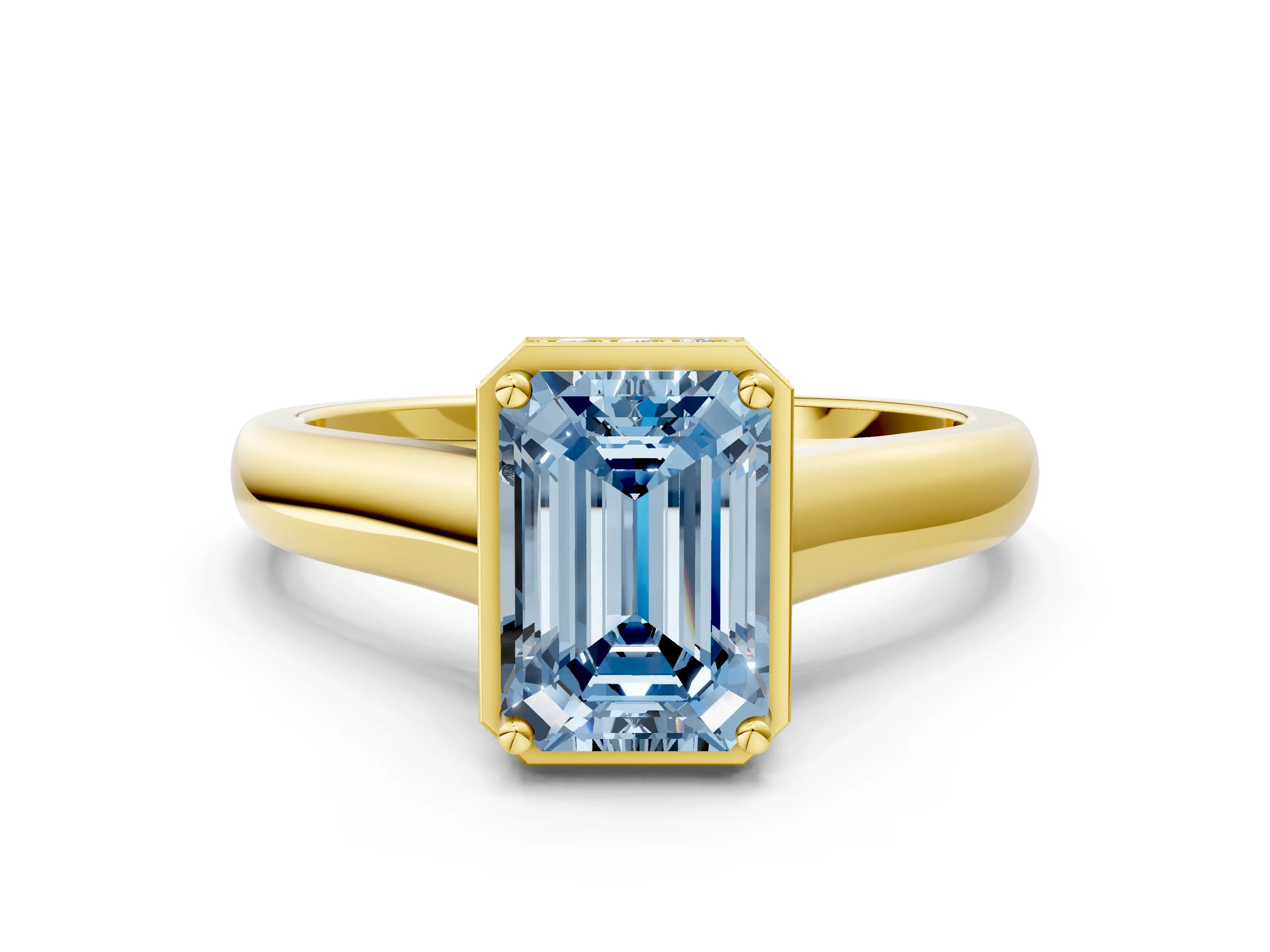 Yellow gold Fancy Blue Emerald Cut Solitaire Diamond Engagement Ring with Four-Prong Setting and Tapered Band