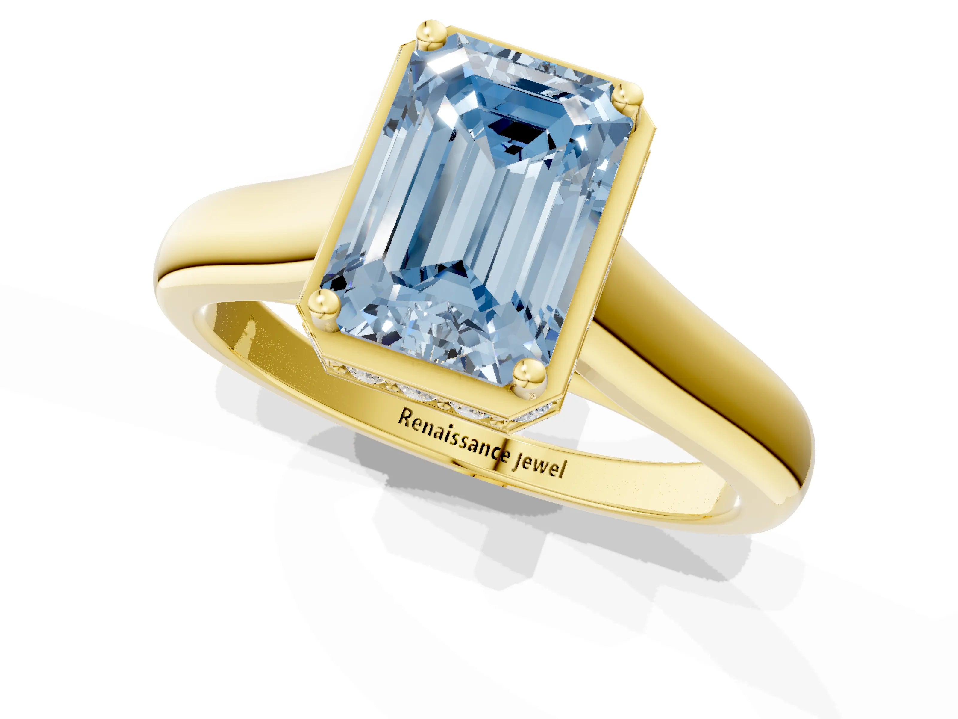 Yellow gold Fancy Blue Emerald Cut Solitaire Diamond Engagement Ring with Four-Prong Setting and Tapered Band_1