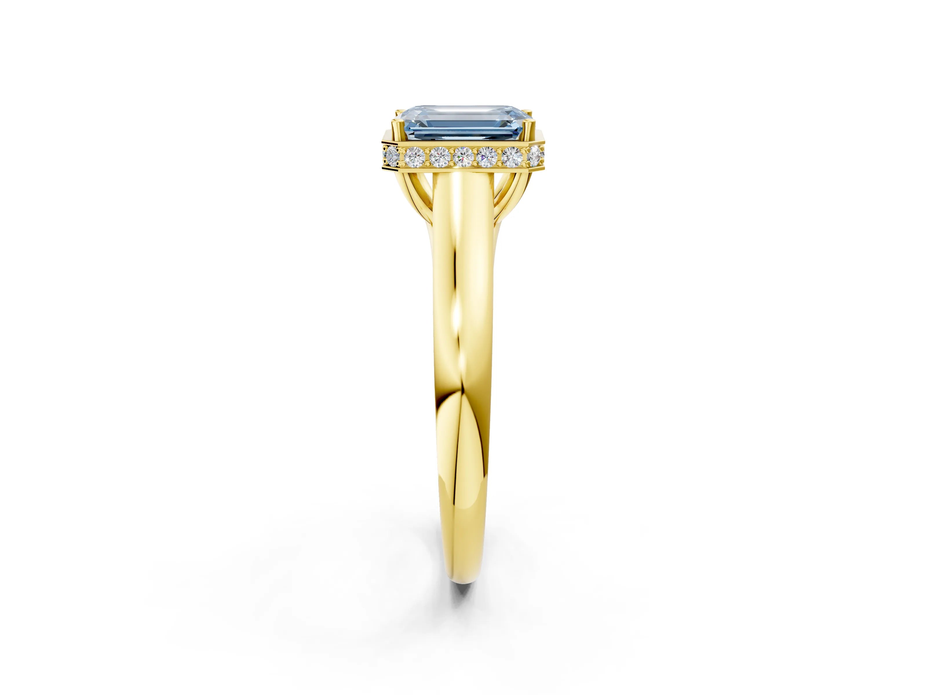 Yellow gold Fancy Blue Emerald Cut Solitaire Diamond Engagement Ring with Four-Prong Setting and Tapered Band_2
