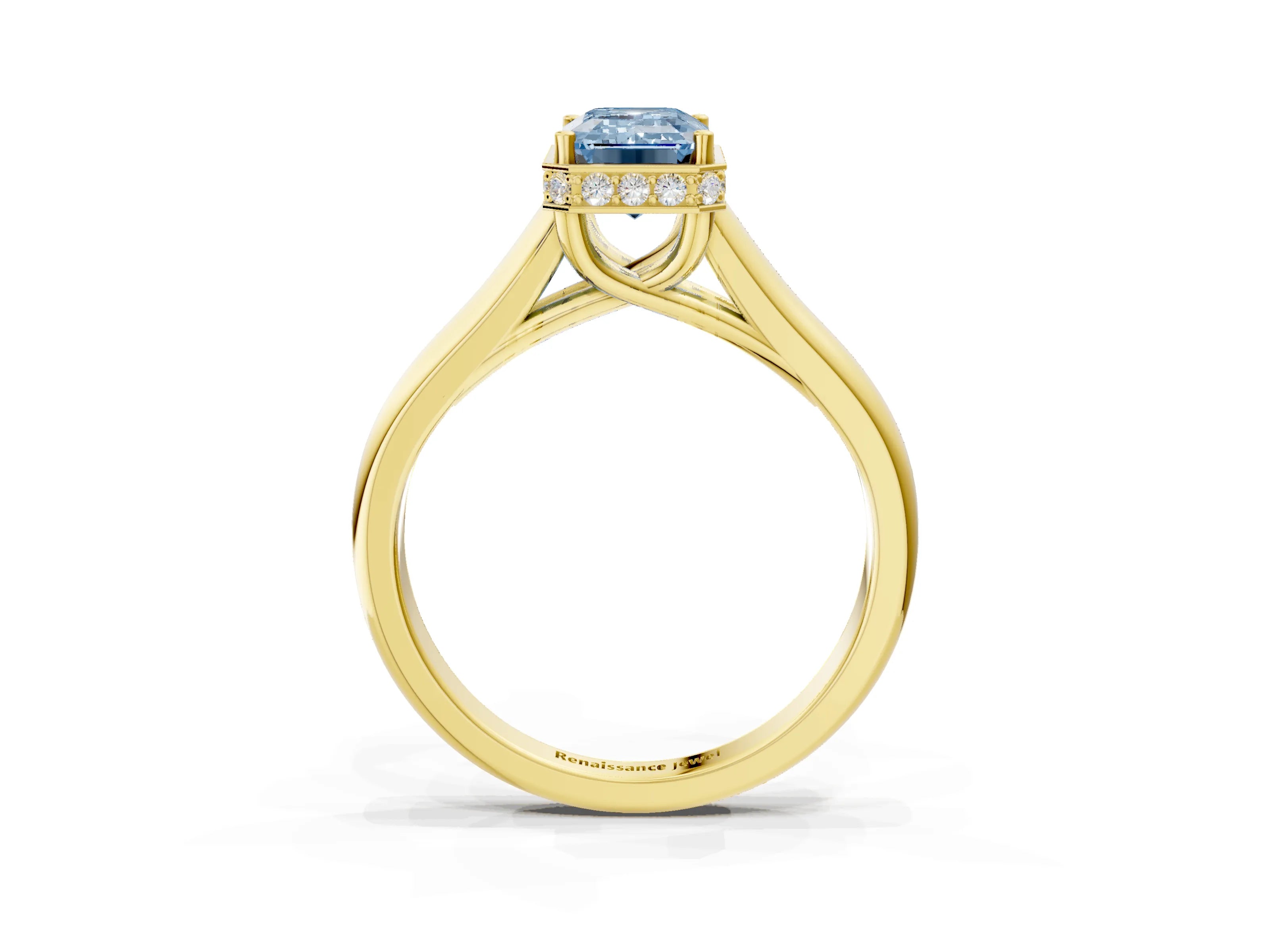 Yellow gold Fancy Blue Emerald Cut Solitaire Diamond Engagement Ring with Four-Prong Setting and Tapered Band_3