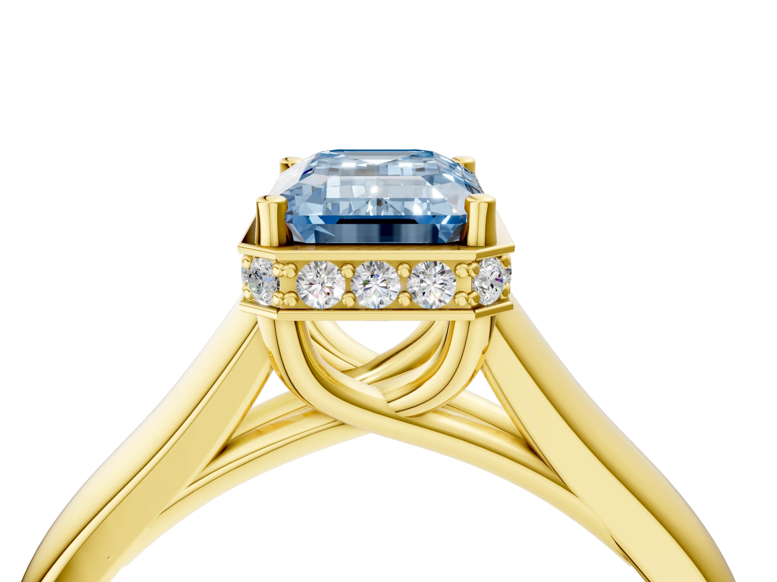 Yellow gold Fancy Blue Emerald Cut Solitaire Diamond Engagement Ring with Four-Prong Setting and Tapered Band_4