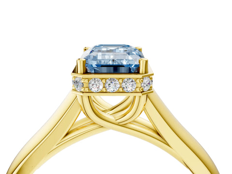 Yellow gold Fancy Blue Emerald Cut Solitaire Diamond Engagement Ring with Four-Prong Setting and Tapered Band_4