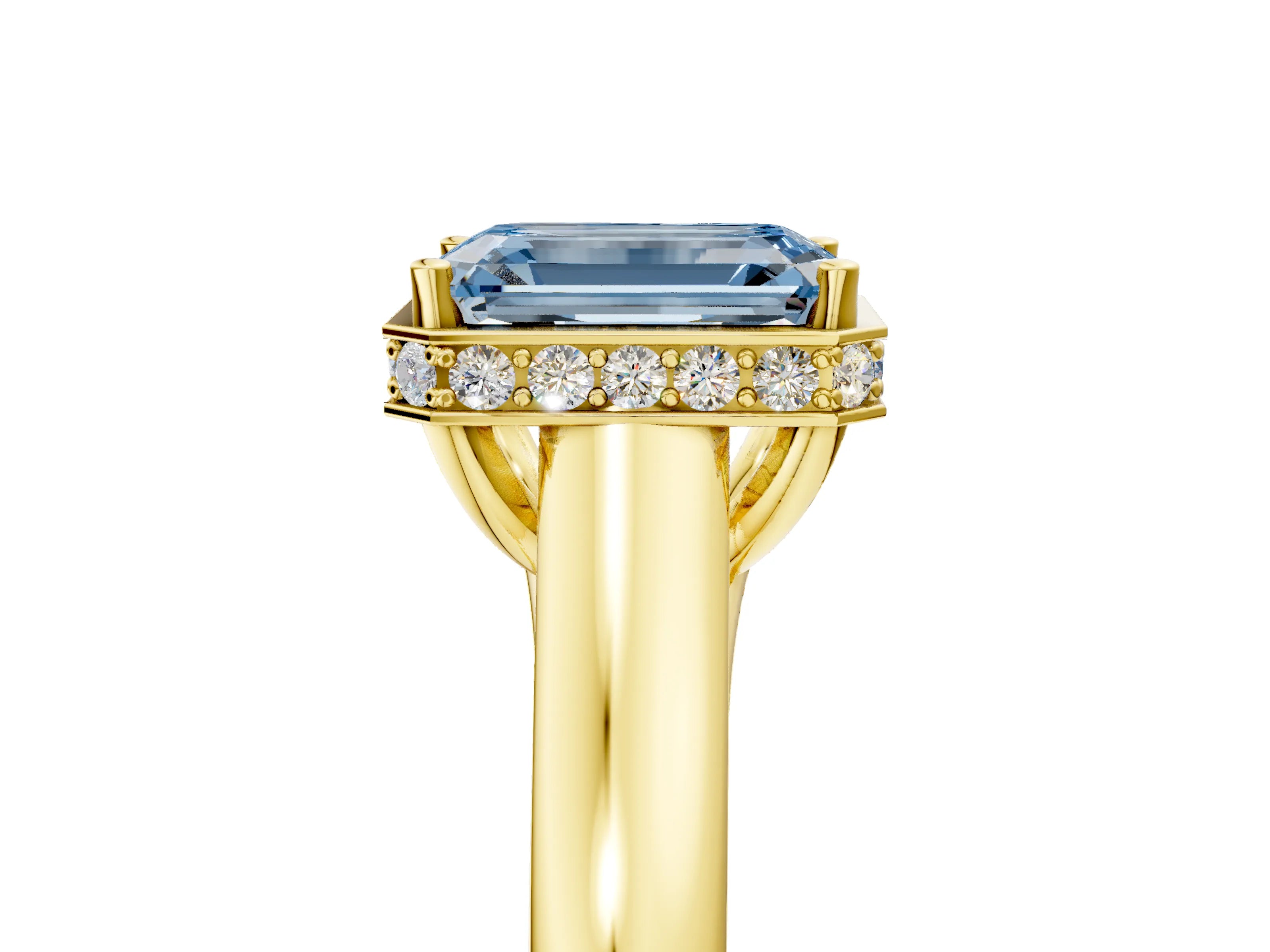 Yellow gold Fancy Blue Emerald Cut Solitaire Diamond Engagement Ring with Four-Prong Setting and Tapered Band_5