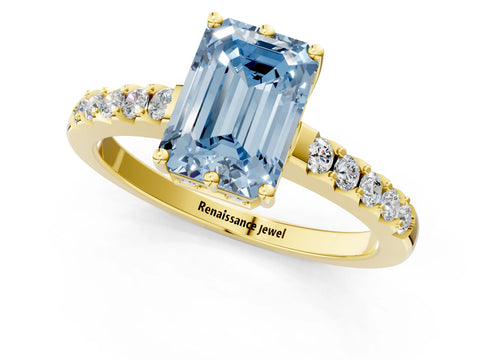 Yellow gold Fancy Blue Emerald Cut Solitaire Diamond Engagement Ring with Pavé Band and Six-Prong Setting_13