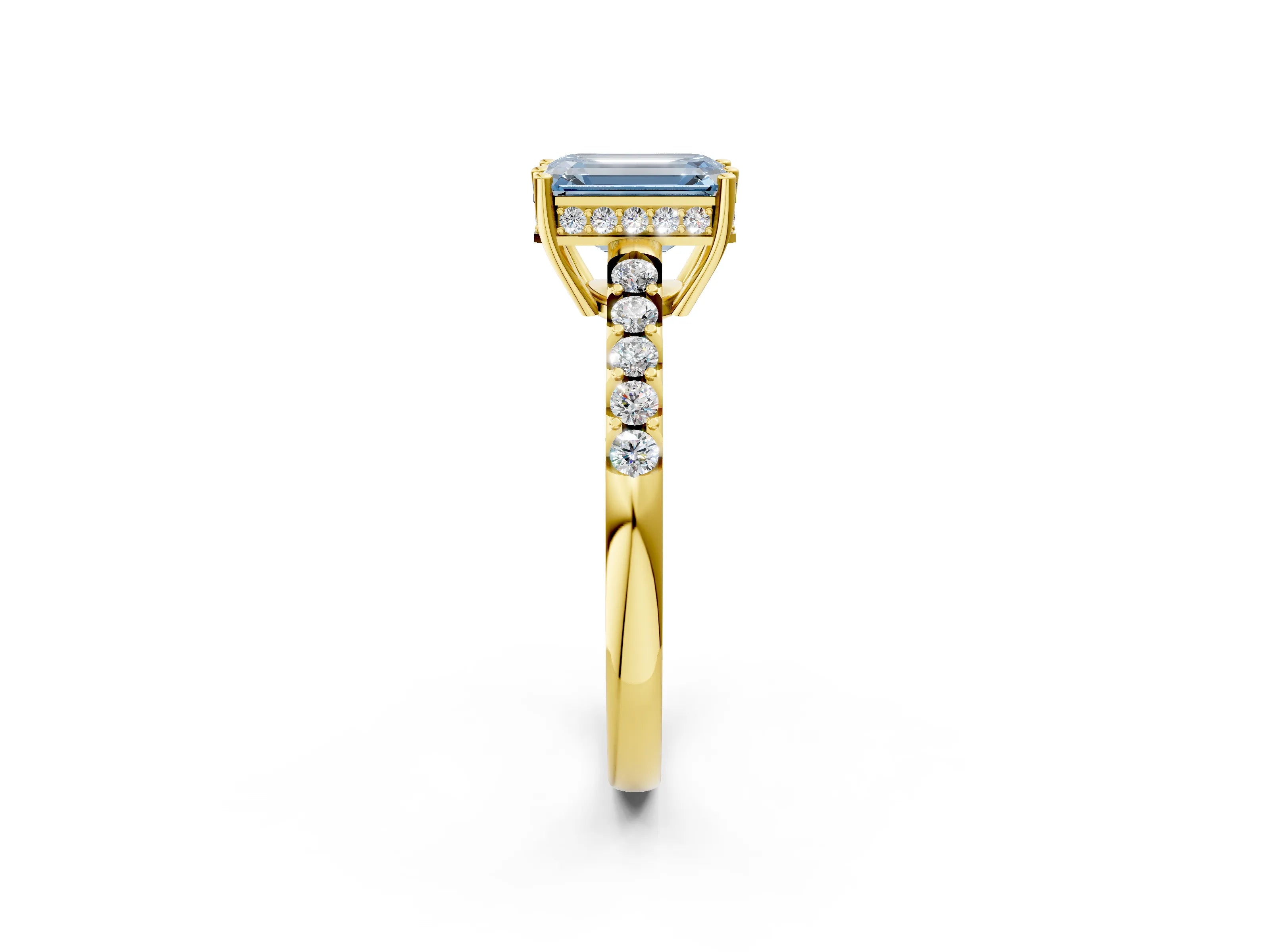 Yellow gold Fancy Blue Emerald Cut Solitaire Diamond Engagement Ring with Pavé Band and Six-Prong Setting_14
