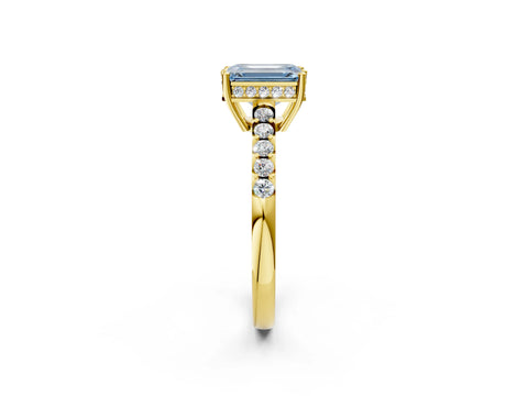 Yellow gold Fancy Blue Emerald Cut Solitaire Diamond Engagement Ring with Pavé Band and Six-Prong Setting_14