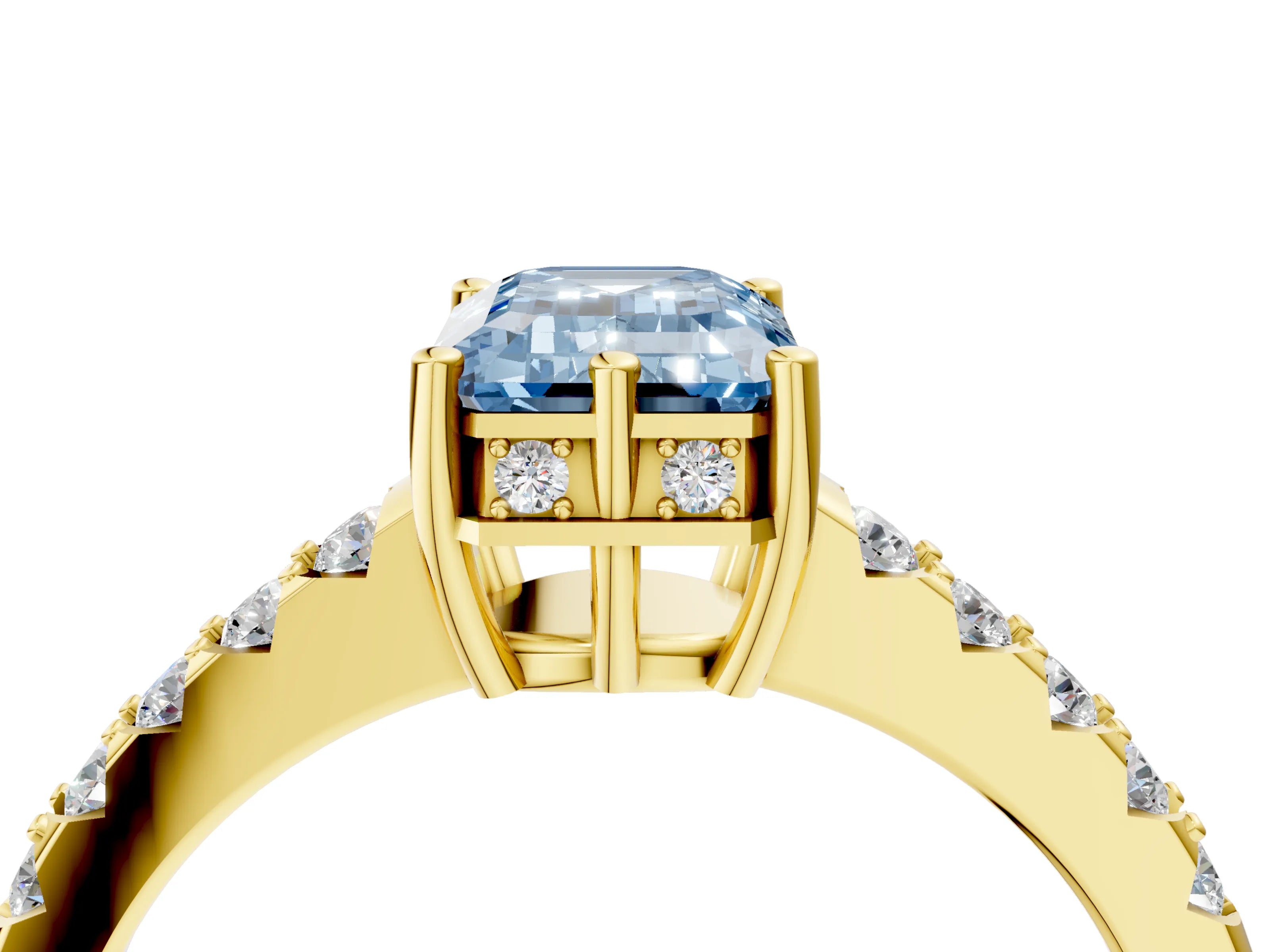 Yellow gold Fancy Blue Emerald Cut Solitaire Diamond Engagement Ring with Pavé Band and Six-Prong Setting_16