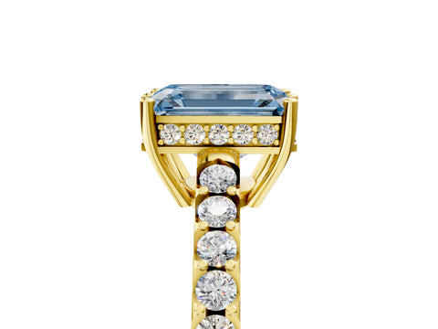 Yellow gold Fancy Blue Emerald Cut Solitaire Diamond Engagement Ring with Pavé Band and Six-Prong Setting_17