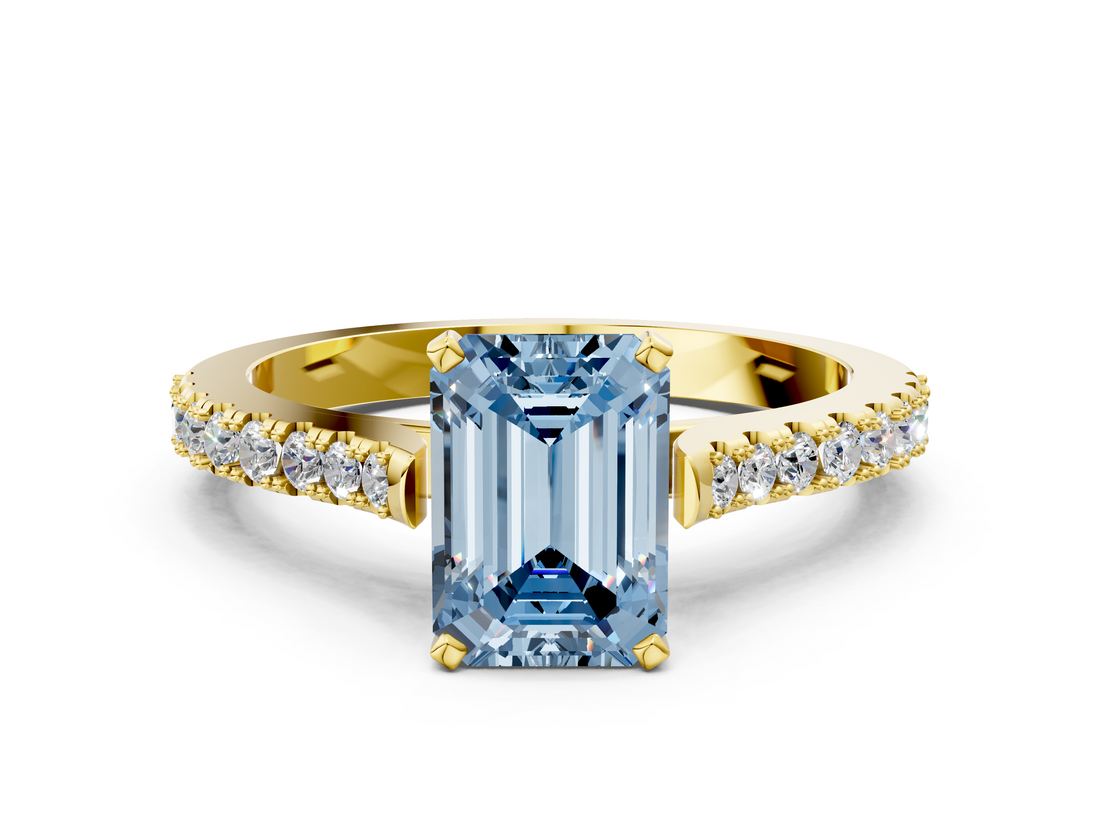 Yellow gold Fancy Blue Emerald  Cut Solitaire Diamond Engagement Ring with Pave Band and Four-Prong Setting_142