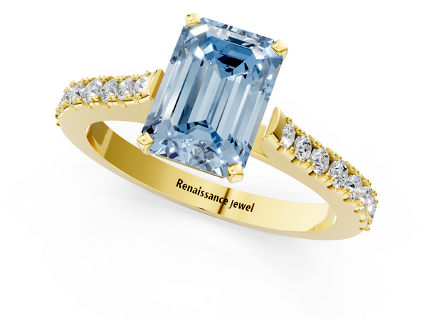Yellow gold Fancy Blue Emerald  Cut Solitaire Diamond Engagement Ring with Pave Band and Four-Prong Setting
