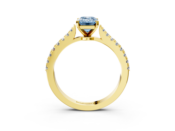 Yellow gold Fancy Blue Emerald  Cut Solitaire Diamond Engagement Ring with Pave Band and Four-Prong Setting