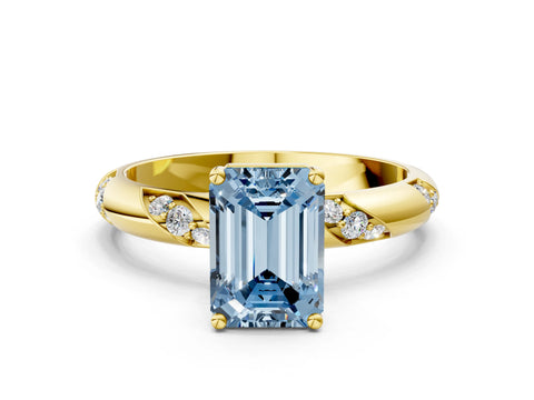 Yellow gold Fancy Blue Emerald Cut Solitaire Diamond Engagement Ring with Twisted Pave Band and Four-Prong Setting_3