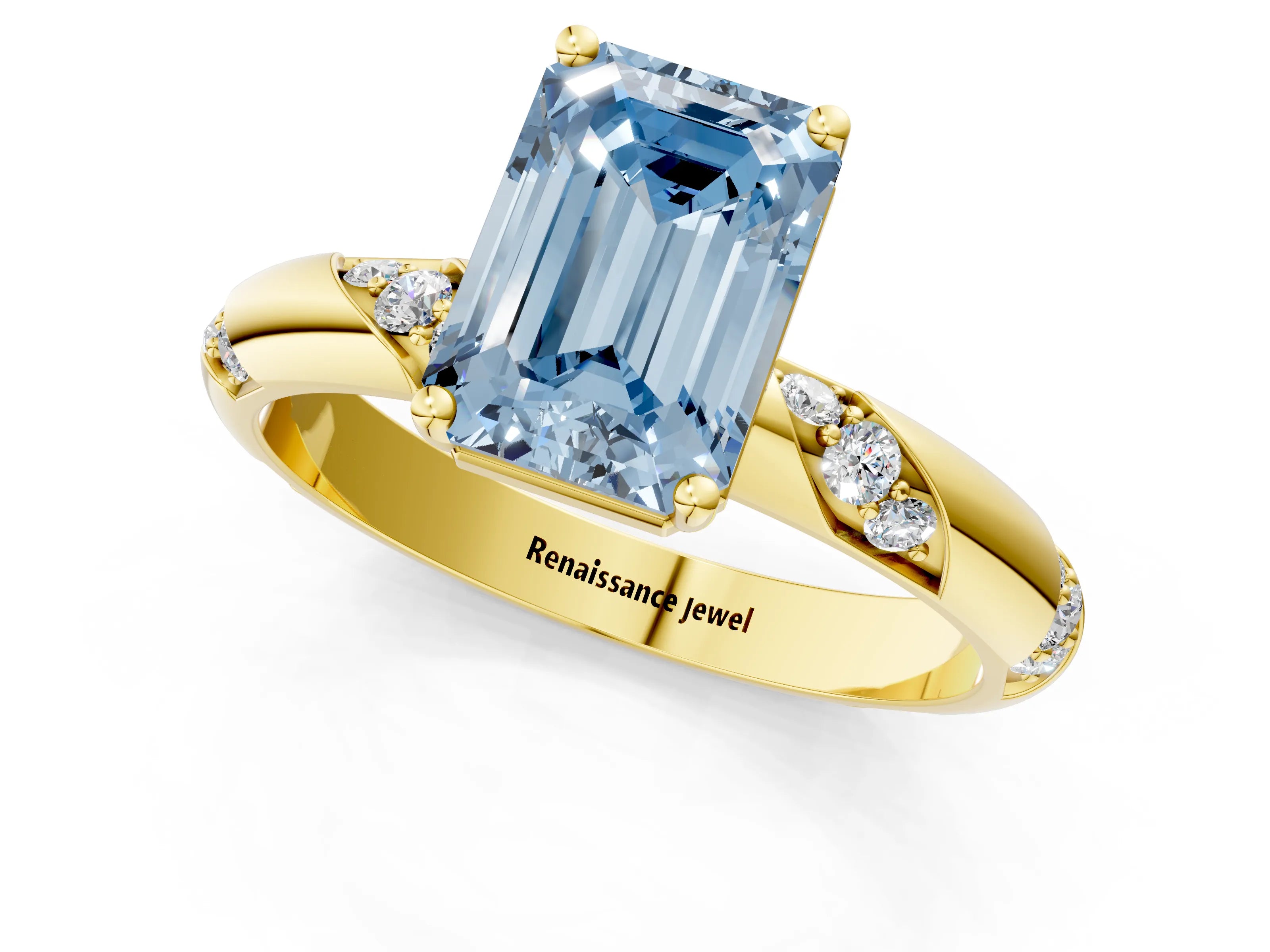 Yellow gold Fancy Blue Emerald Cut Solitaire Diamond Engagement Ring with Twisted Pave Band and Four-Prong Setting_4
