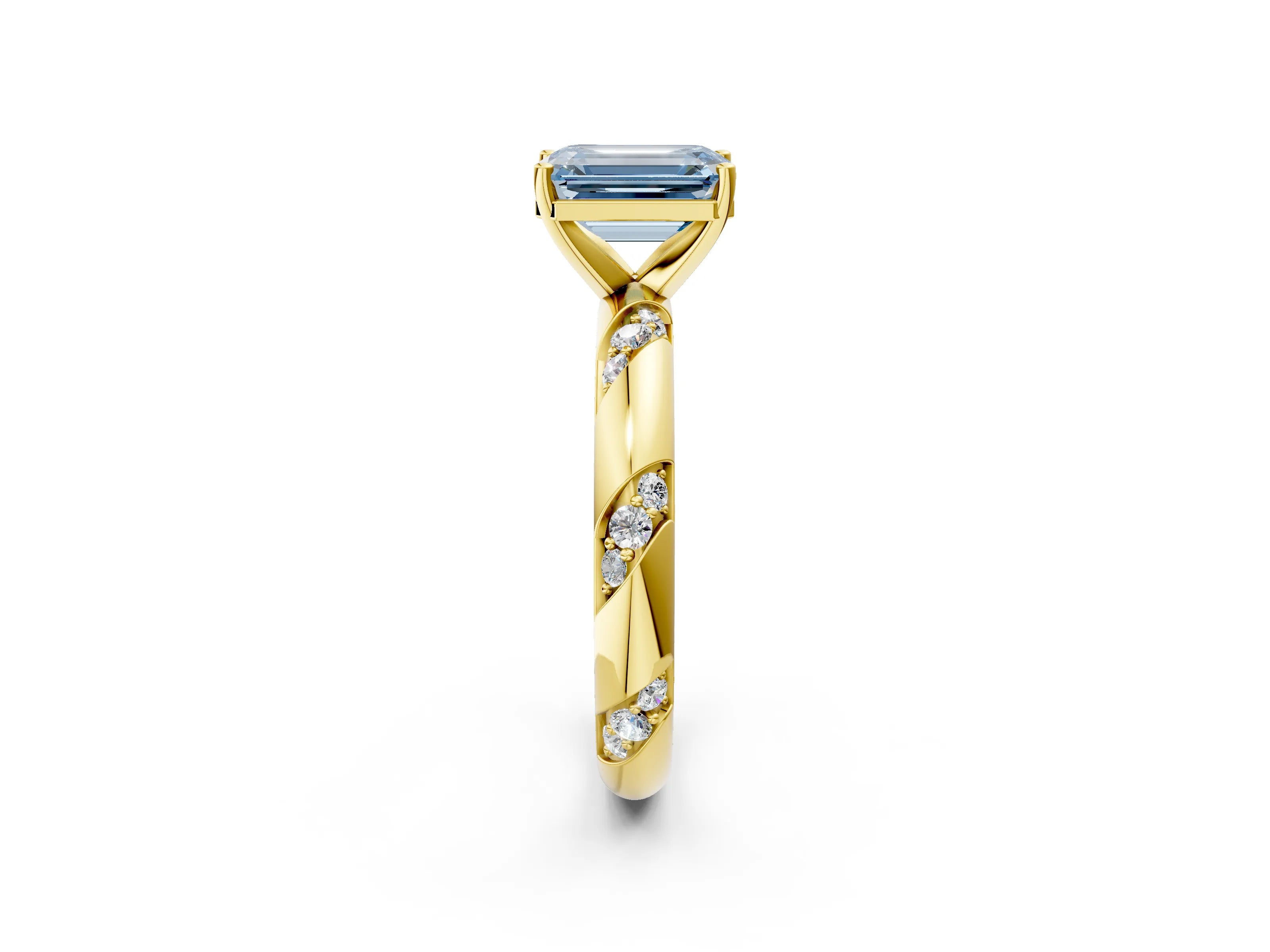 Yellow gold Fancy Blue Emerald Cut Solitaire Diamond Engagement Ring with Twisted Pave Band and Four-Prong Setting_5