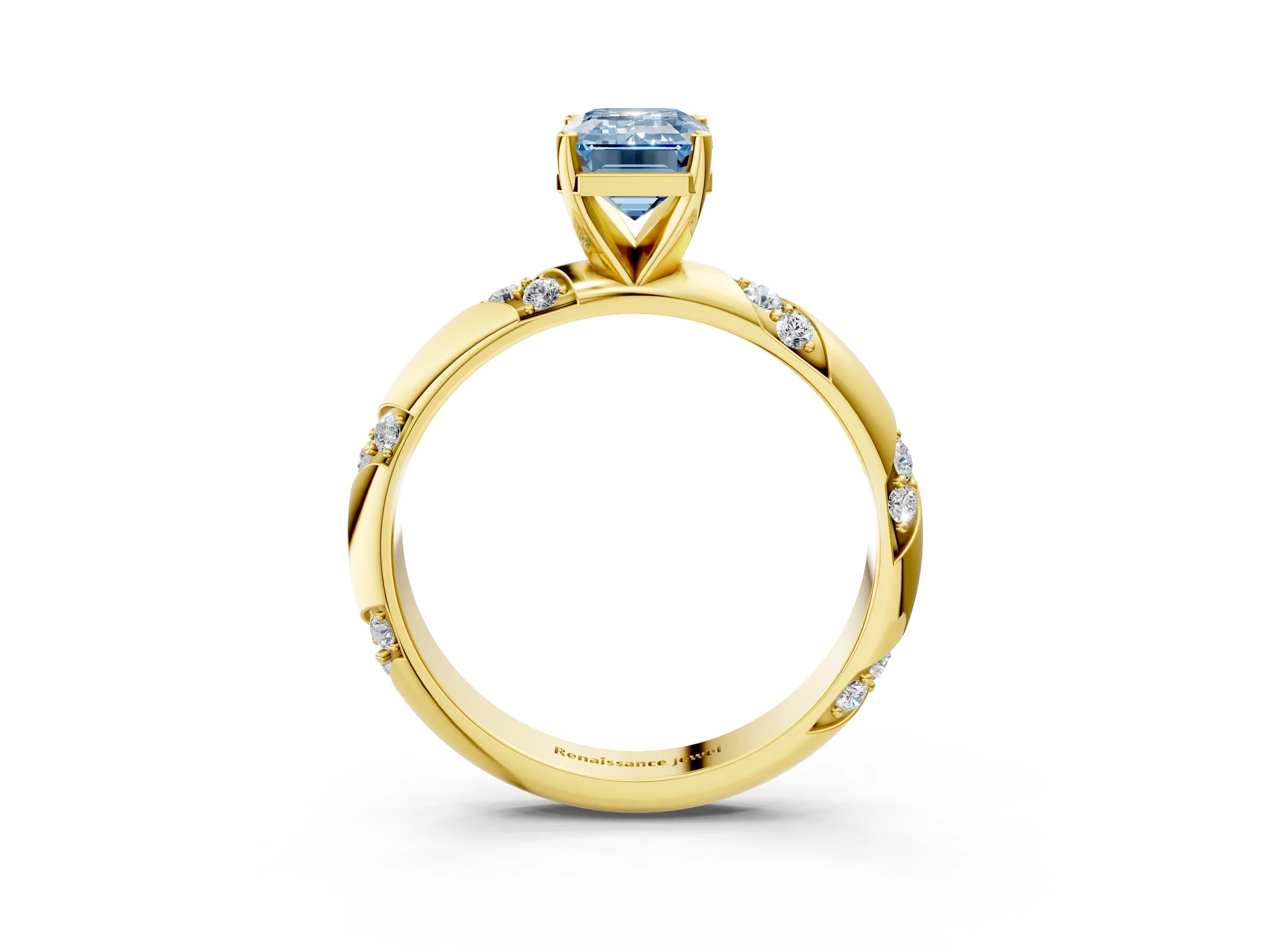 Yellow gold Fancy Blue Emerald Cut Solitaire Diamond Engagement Ring with Twisted Pave Band and Four-Prong Setting_6