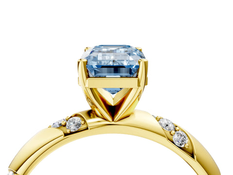 Yellow gold Fancy Blue Emerald Cut Solitaire Diamond Engagement Ring with Twisted Pave Band and Four-Prong Setting_7