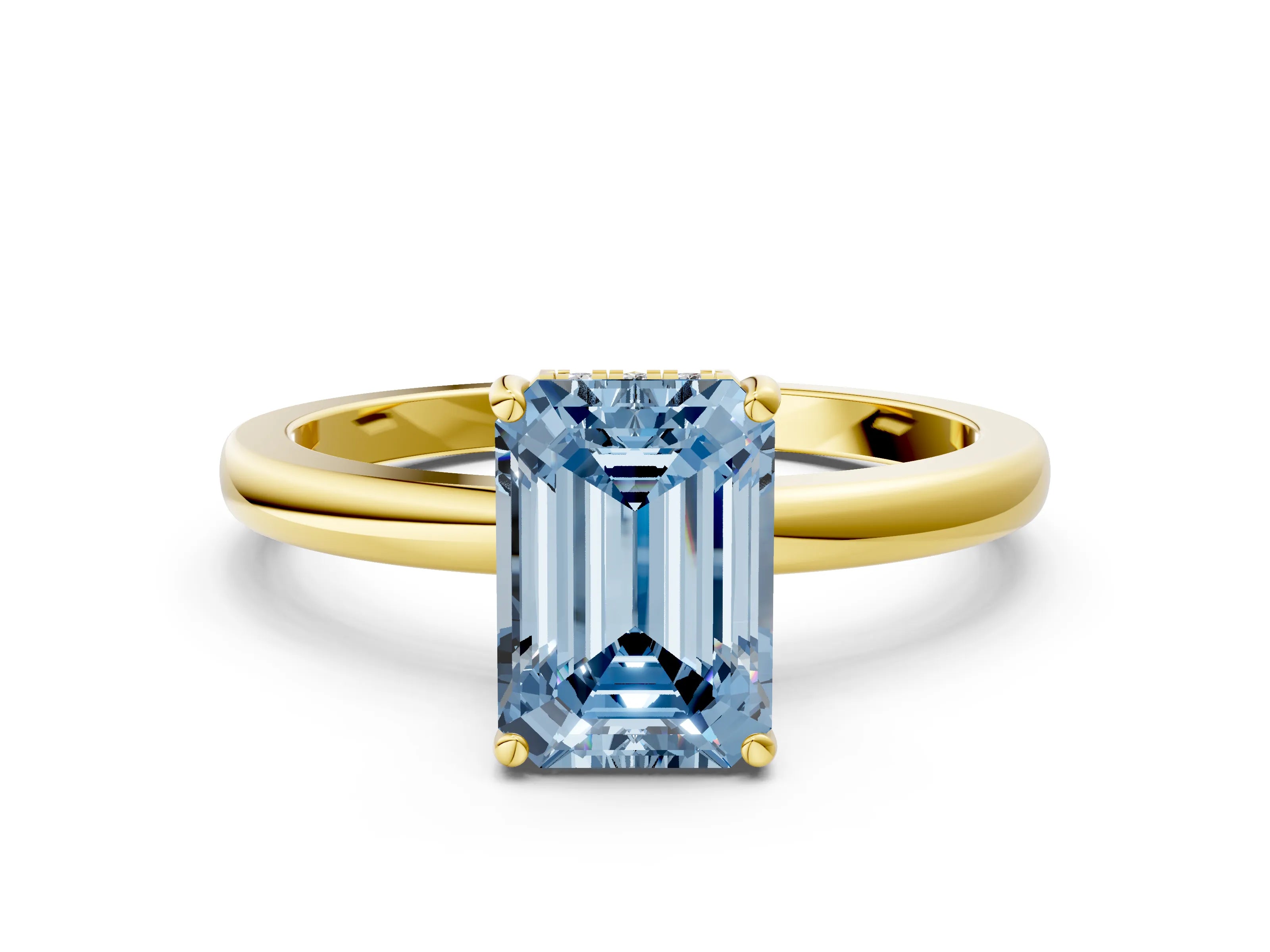 Yellow gold Fancy Blue Emerald Cut Solitaire Diamond Ring with Prong Setting and Plain Band