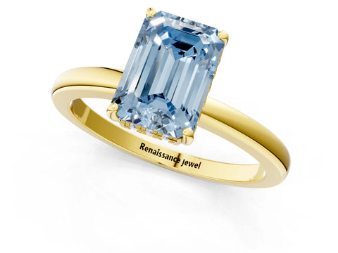 Yellow gold Fancy Blue Emerald Cut Solitaire Diamond Ring with Prong Setting and Plain Band_1