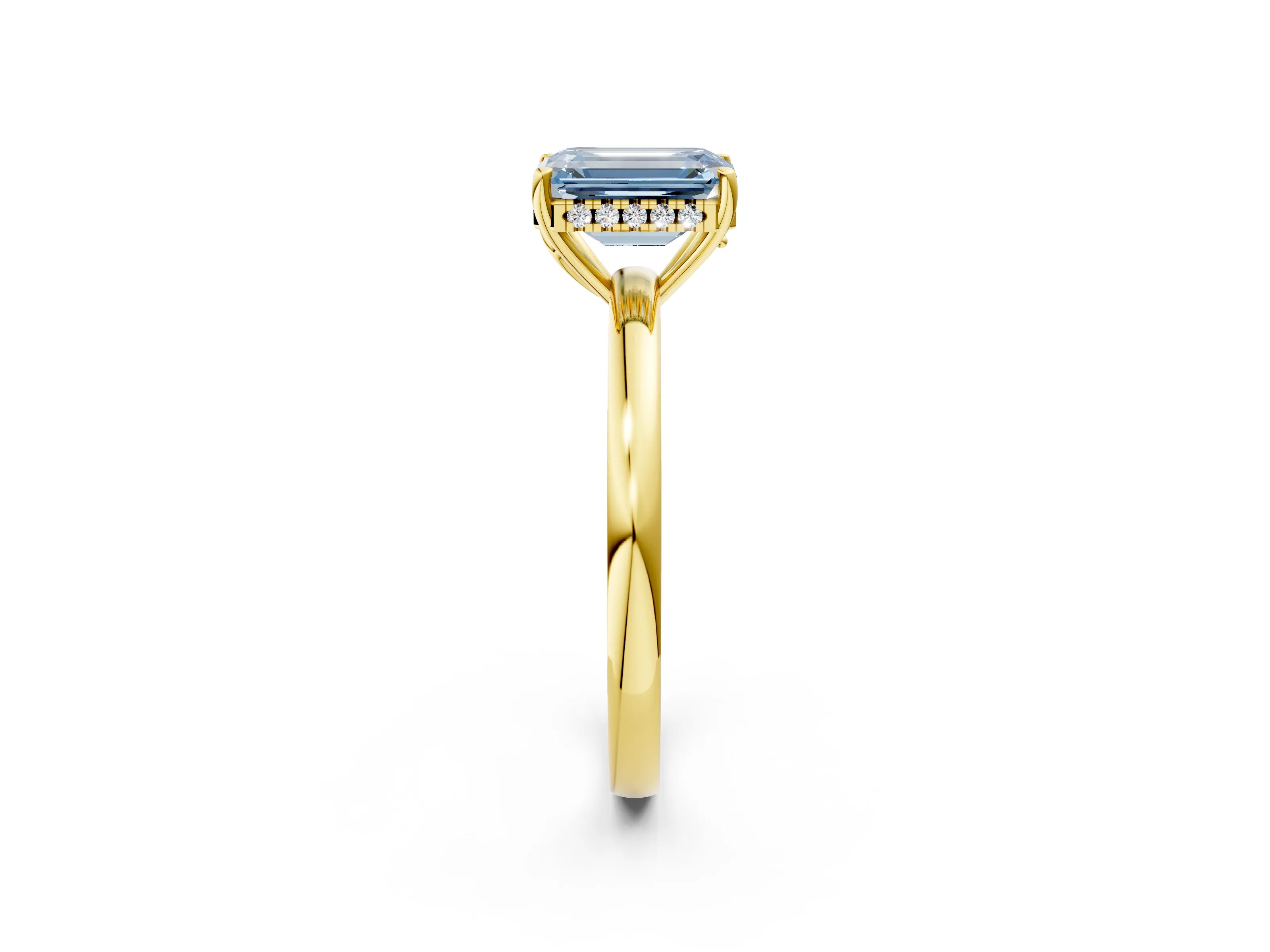 Yellow gold Fancy Blue Emerald Cut Solitaire Diamond Ring with Prong Setting and Plain Band_2