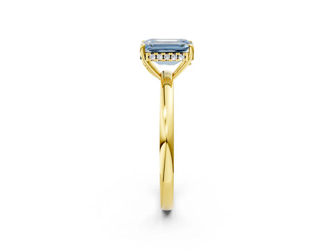 Yellow gold Fancy Blue Emerald Cut Solitaire Diamond Ring with Prong Setting and Plain Band_2