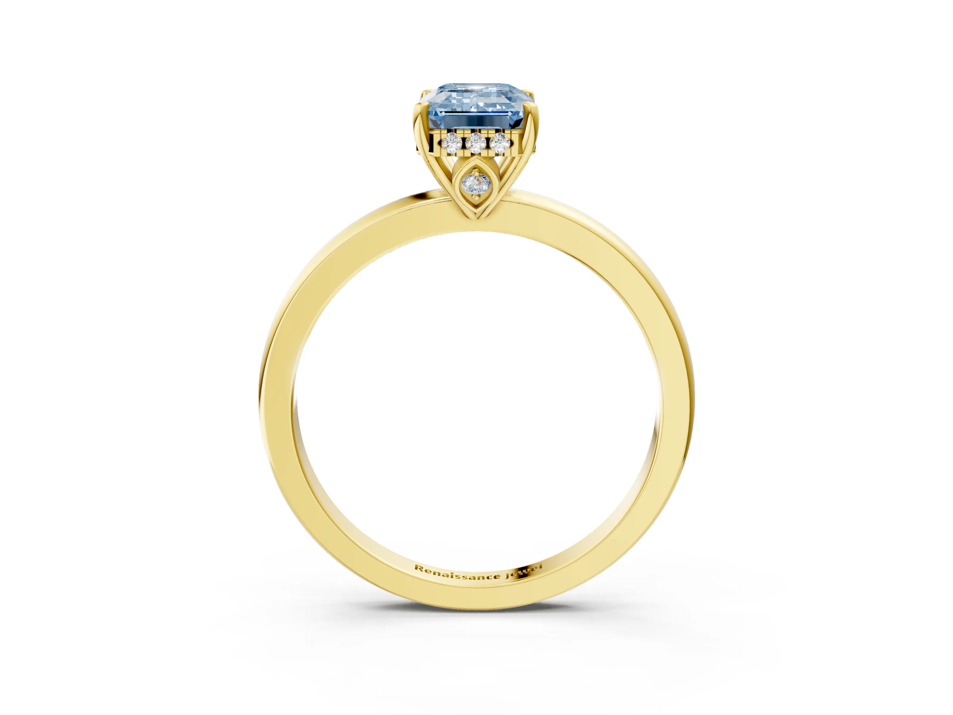Yellow gold Fancy Blue Emerald Cut Solitaire Diamond Ring with Prong Setting and Plain Band_3