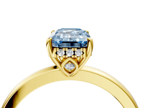 Yellow gold Fancy Blue Emerald Cut Solitaire Diamond Ring with Prong Setting and Plain Band_4