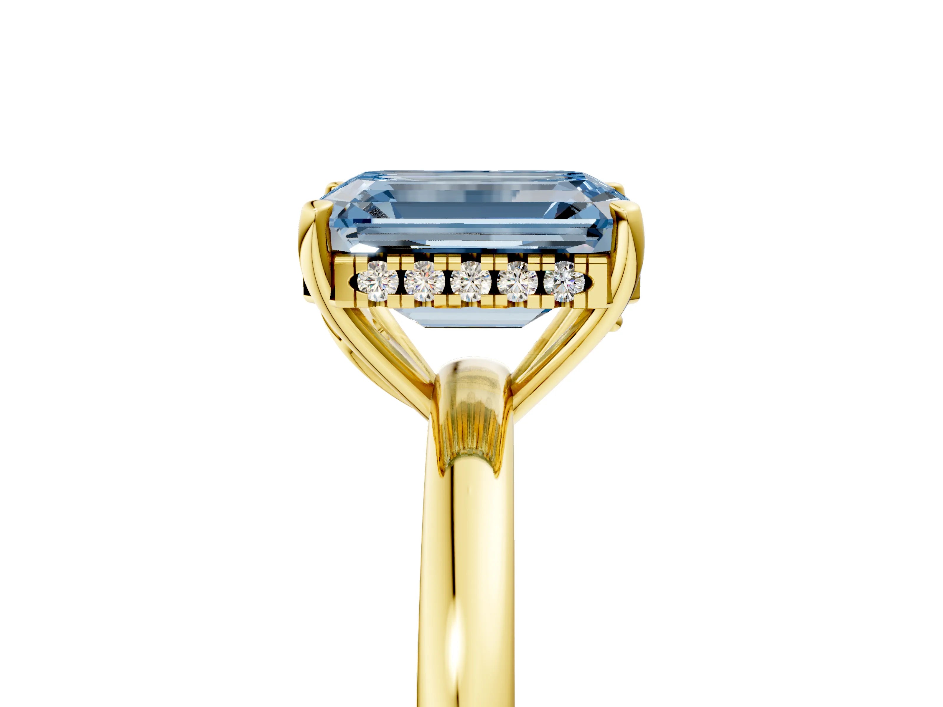 Yellow gold Fancy Blue Emerald Cut Solitaire Diamond Ring with Prong Setting and Plain Band_5