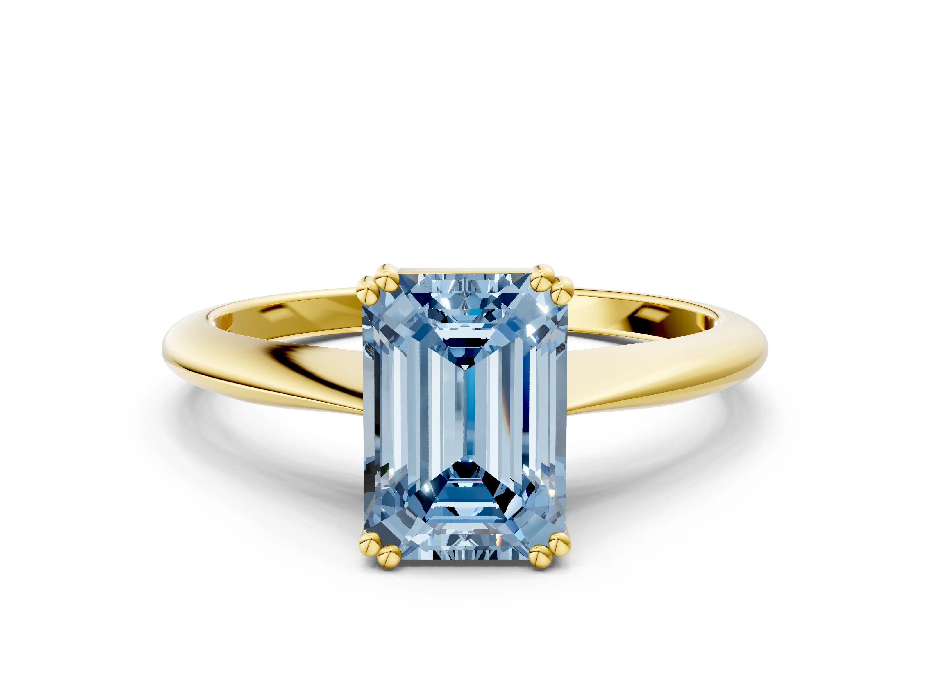 Yellow gold Fancy Blue Emerald Cut Solitaire Diamond Ring with Six-Prong Setting and Classic Band