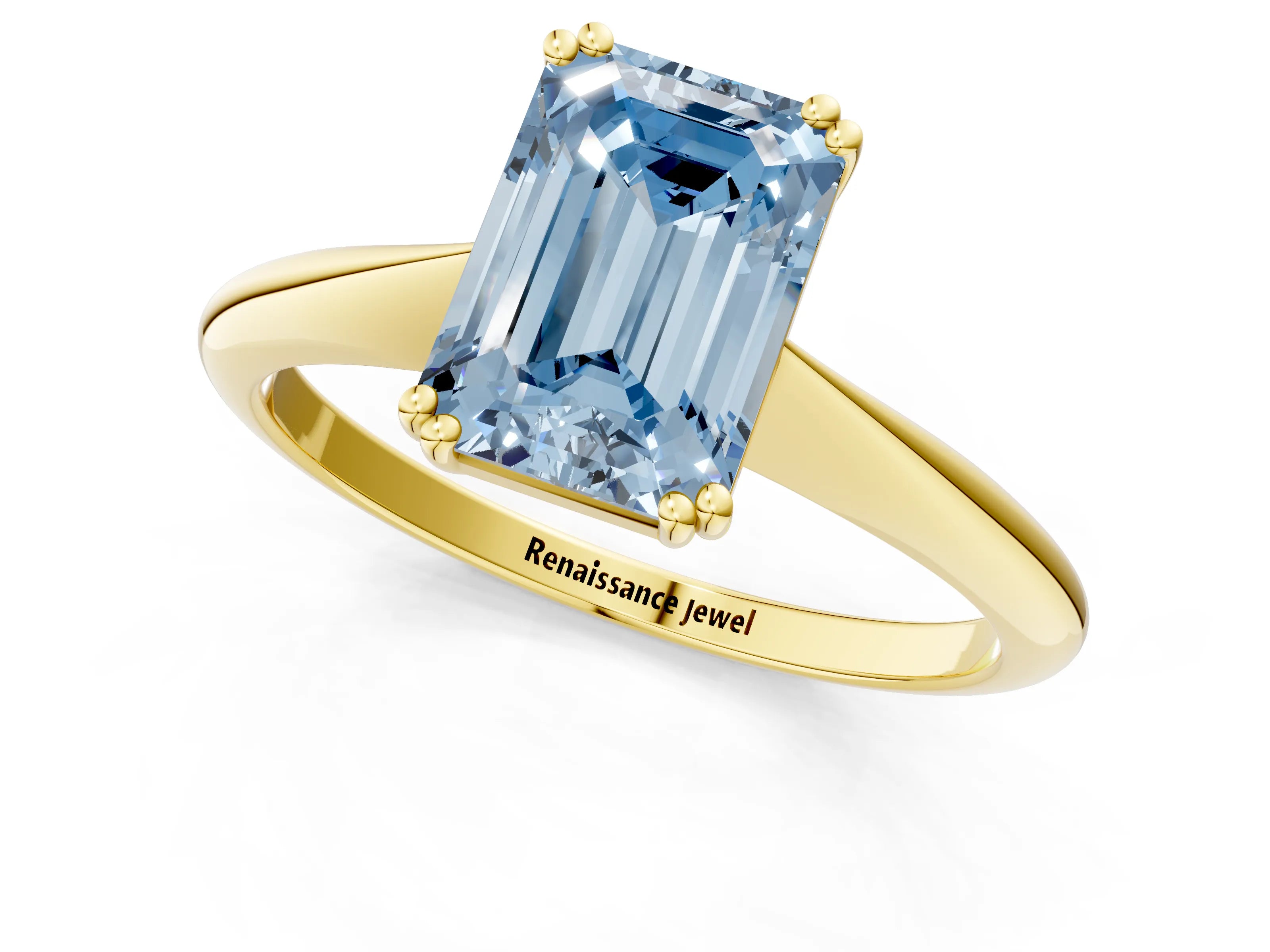 Yellow gold Fancy Blue Emerald Cut Solitaire Diamond Ring with Six-Prong Setting and Classic Band_1