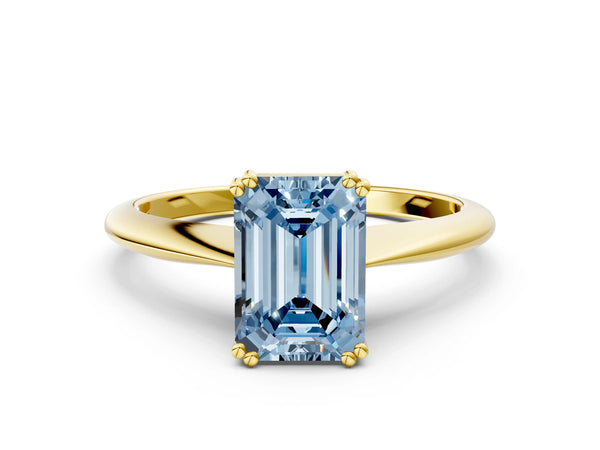 Yellow gold Fancy Blue Emerald Cut Solitaire Diamond Ring with Six-Prong Setting and Classic Band