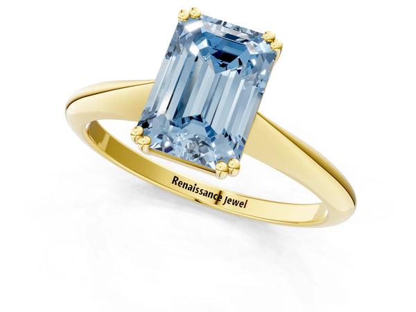 Yellow gold Fancy Blue Emerald Cut Solitaire Diamond Ring with Six-Prong Setting and Classic Band