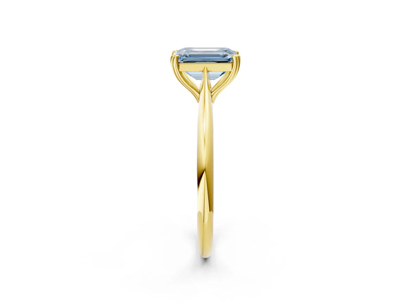 Yellow gold Fancy Blue Emerald Cut Solitaire Diamond Ring with Six-Prong Setting and Classic Band