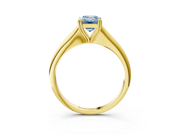 Yellow gold Fancy Blue Emerald Cut Solitaire Diamond Ring with Six-Prong Setting and Classic Band