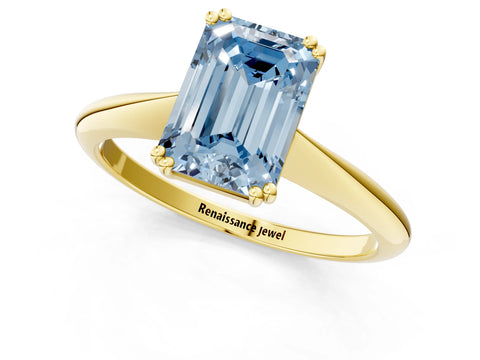 Yellow gold Fancy Blue Emerald Cut Solitaire Diamond Ring with Six-Prong Setting and Classic Band_1
