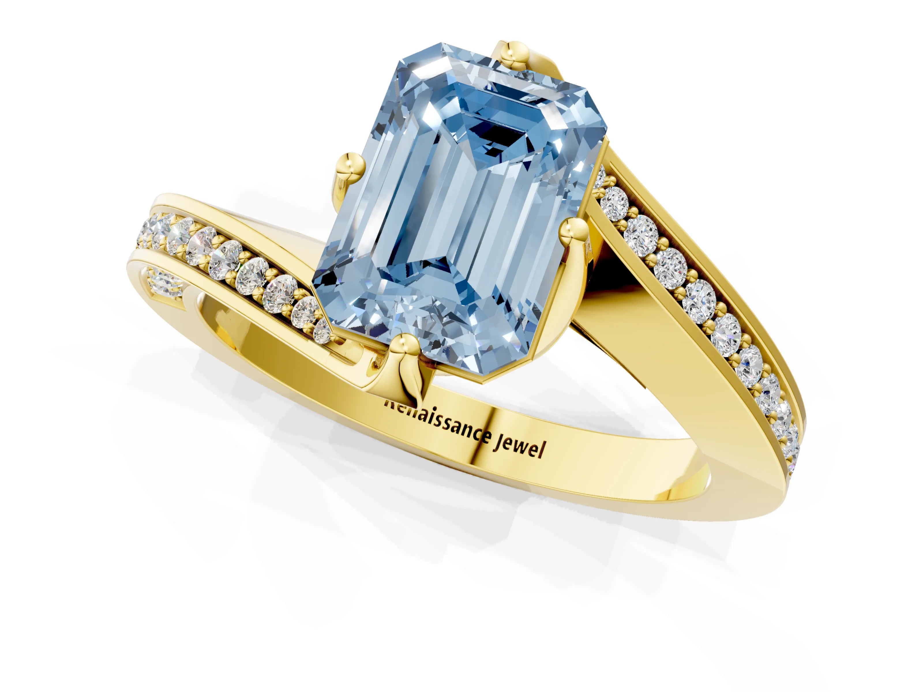 Yellow gold Fancy Blue Emerald Cut Solitaire Diamond Twist Band with Pavé Setting and Four-Prong Setting_1