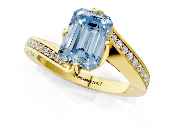 Yellow gold Fancy Blue Emerald Cut Solitaire Diamond Twist Band with Pavé Setting and Four-Prong Setting