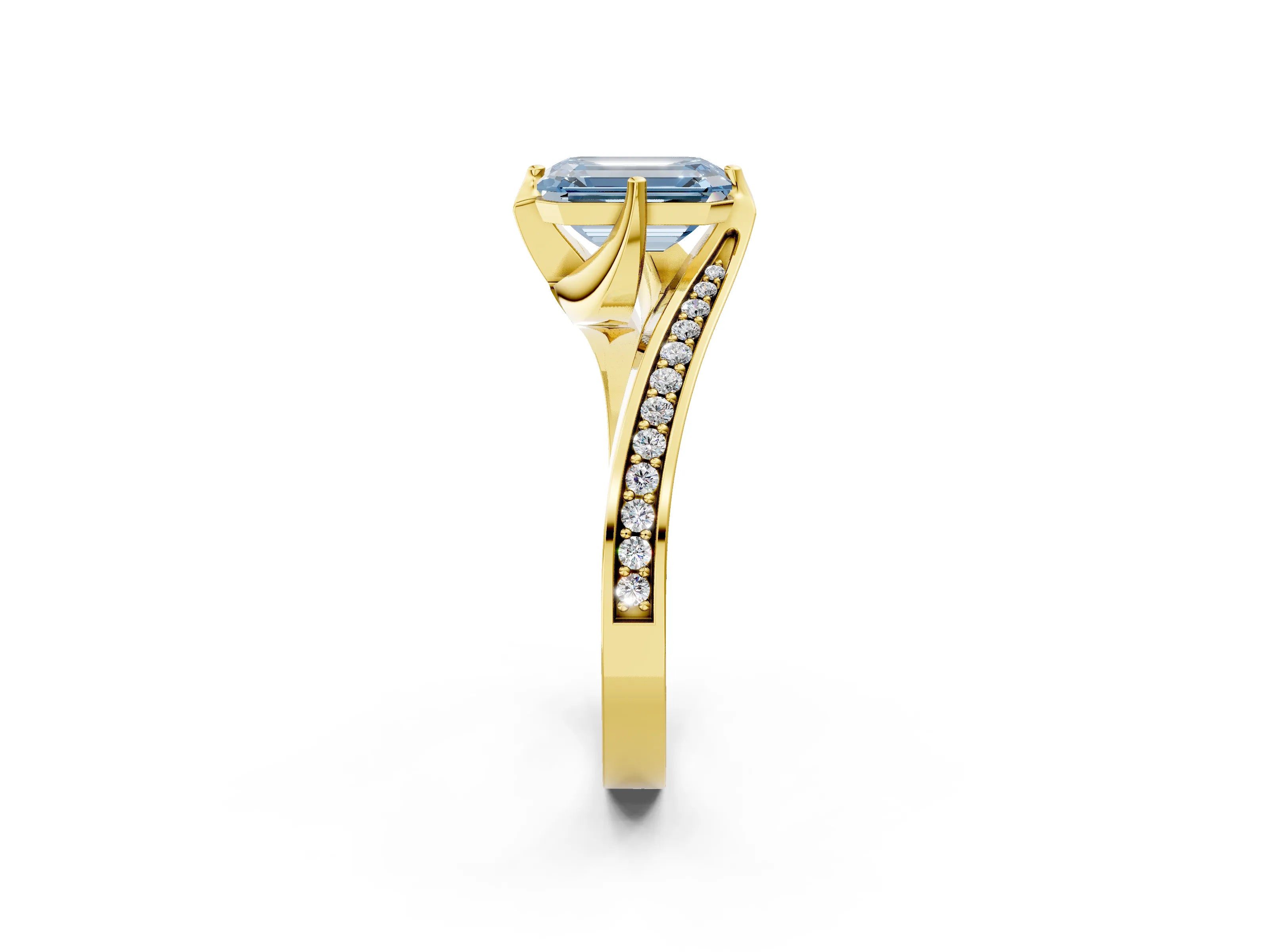 Yellow gold Fancy Blue Emerald Cut Solitaire Diamond Twist Band with Pavé Setting and Four-Prong Setting_2