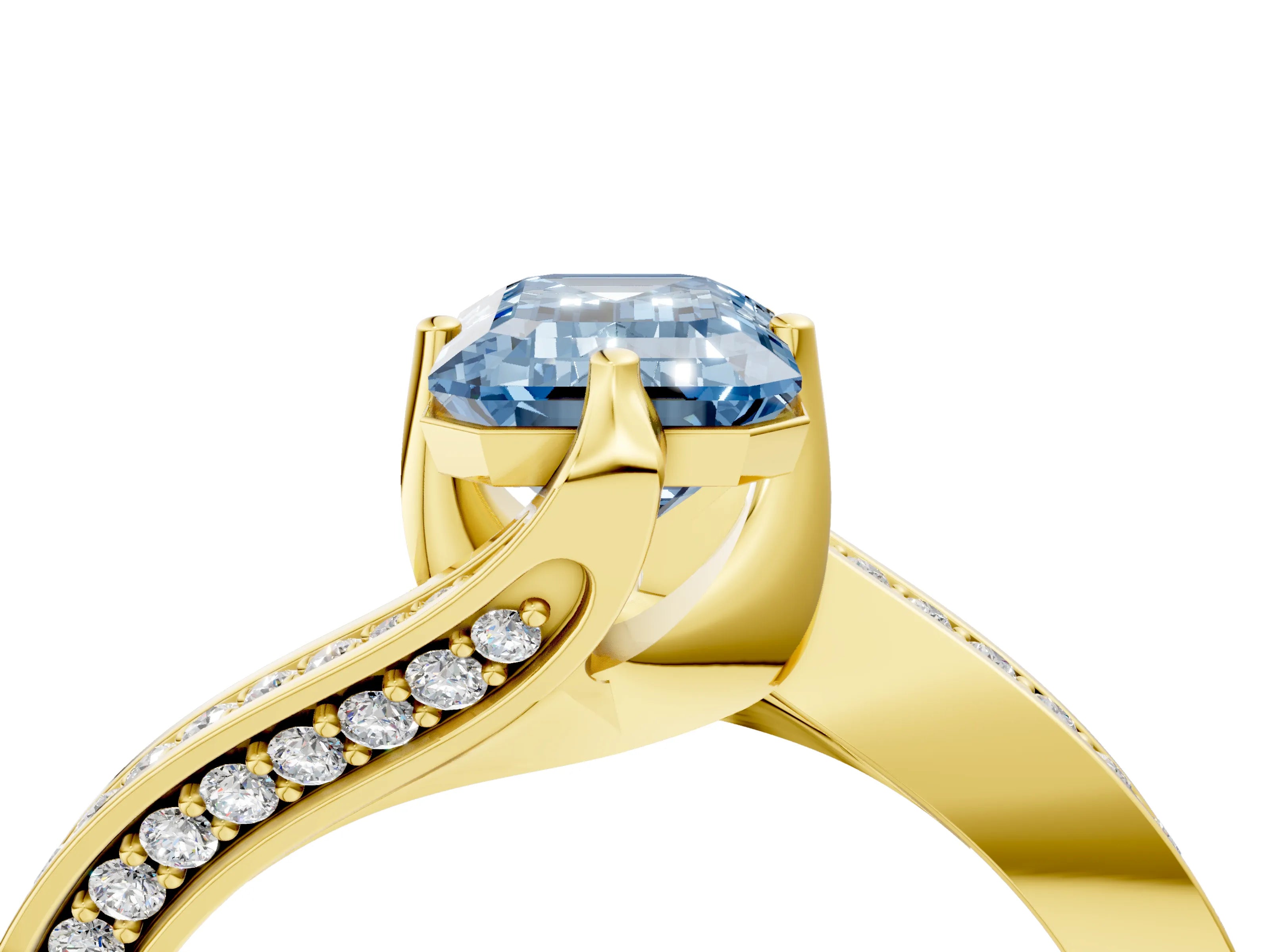 Yellow gold Fancy Blue Emerald Cut Solitaire Diamond Twist Band with Pavé Setting and Four-Prong Setting_4